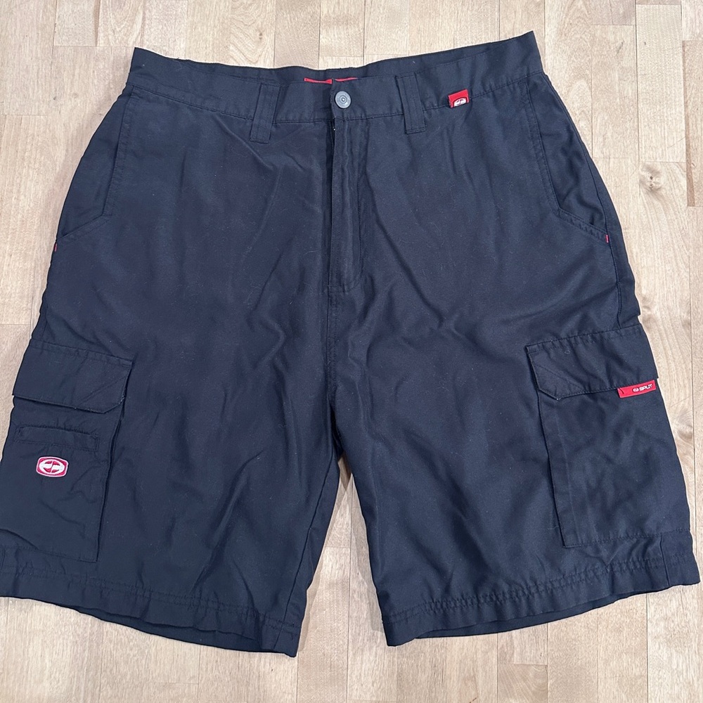 Split Dark Cargo Shorts with Red Highlights